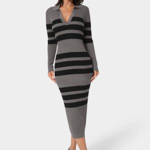 Long Sleeve Collared Striped Knit Dress
