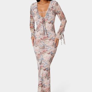 Ruffle Detail Mesh Maxi Dress