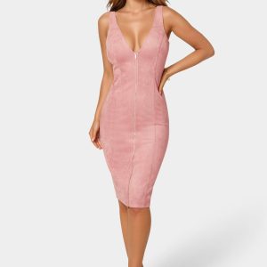 Faux Suede Zip Front Pencil Dress
