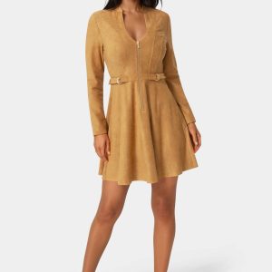 Fit and Flare Long Sleeve Suede Mini Dress