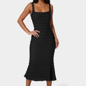 Square Neck Fluted Hem Midi Dress