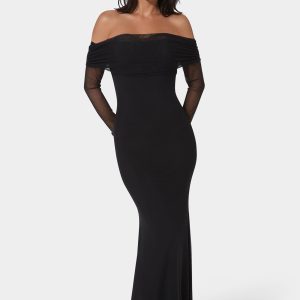 Long Sleeve Off the Shoulder Mesh Maxi Dress
