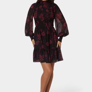 Long Sleeve Mock Neck Chifon Smocked Mini Dress